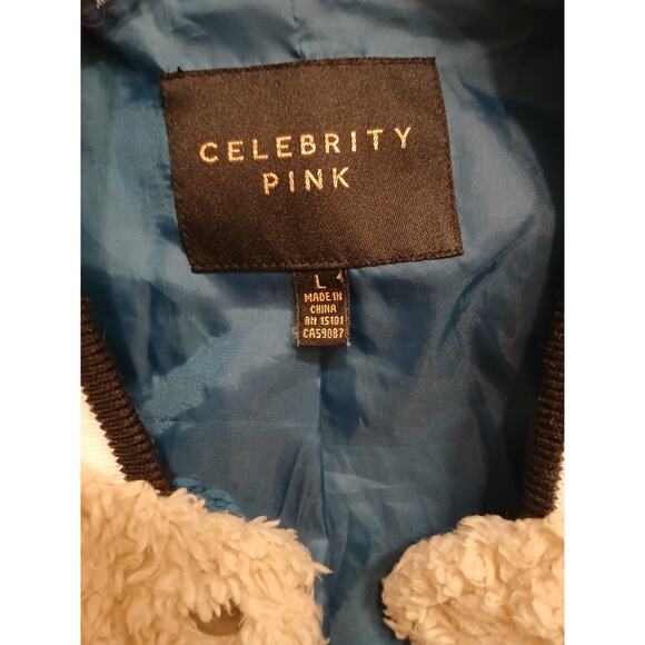 Celebrity Pink Jacket Faux Fur Varsity Bomber Teddy Coat Green Beige Women Sz L - Picture 15 of 16
